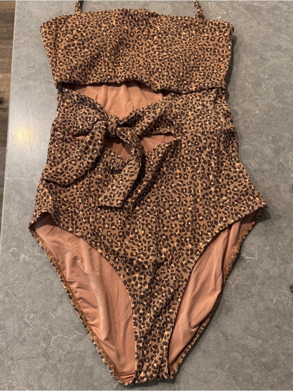 Leopard Print One-Piece womens Swimsuit with Waist Tie - Brown